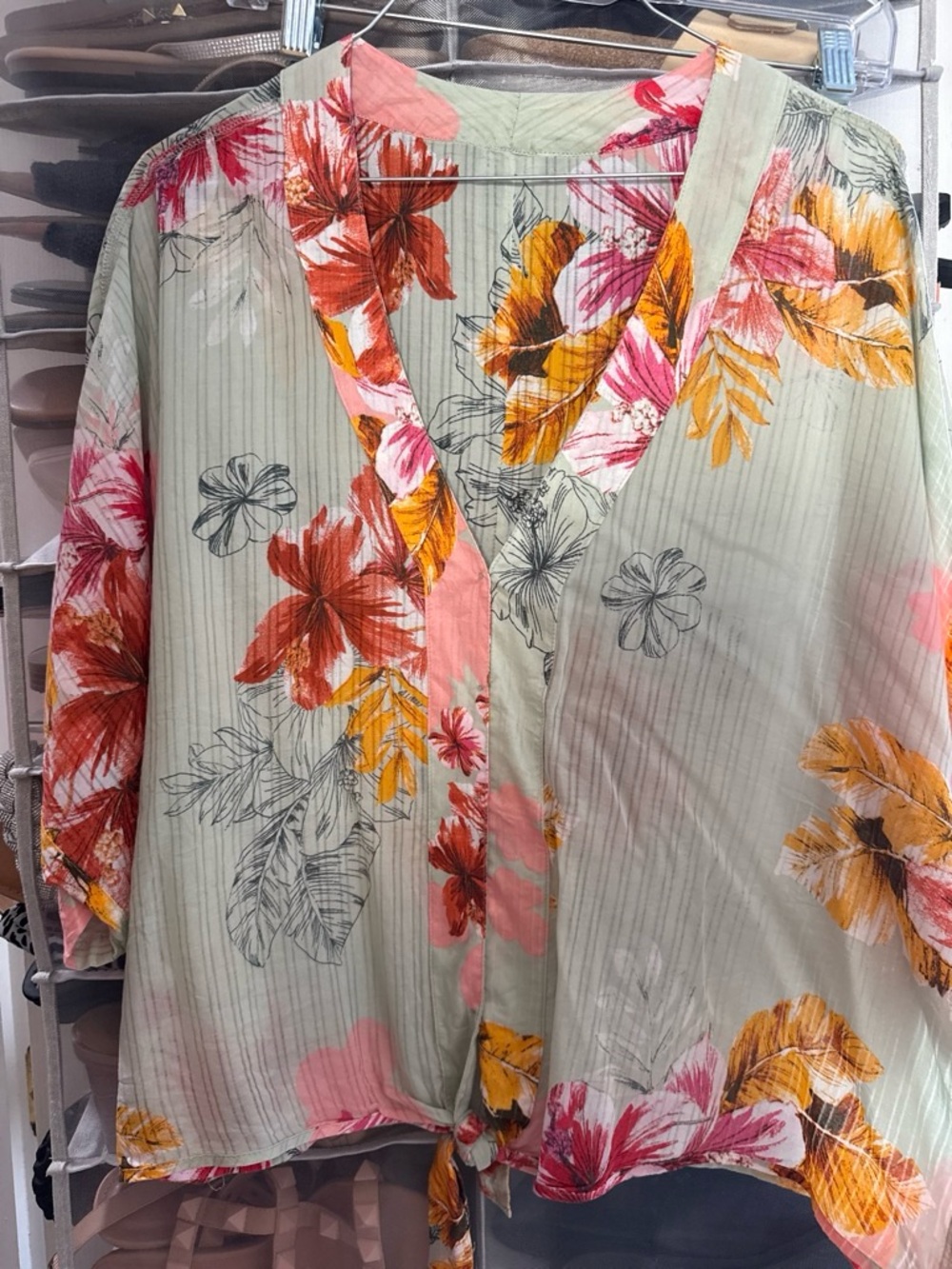 Express Floral V-Neck Blouse - Sage Green, Pink & Yellow